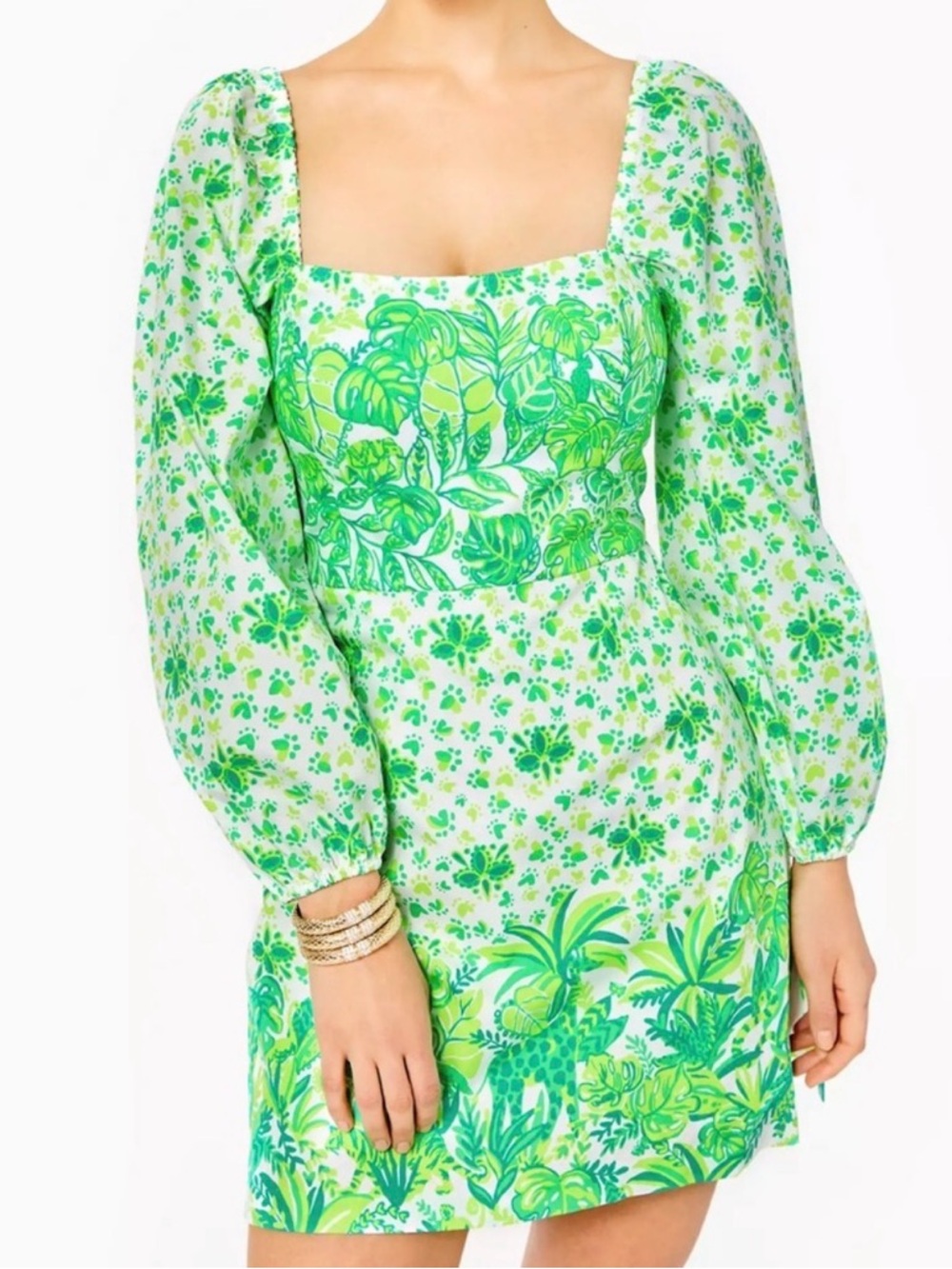 Lilly Pulitzer Lime Green Botanical Square-Neck Mini Dress